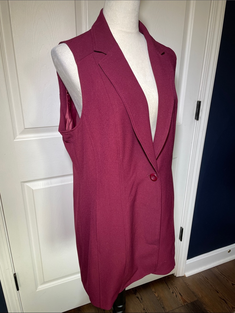 Susan Graver Longline Blazer Vest Burgundy Red One-Button Sleeveless Jacket Sz14